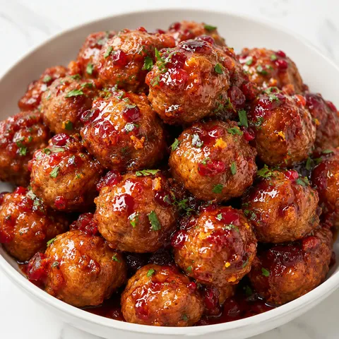 Cranberry-orange chicken meatballs with parsley in a white bowl