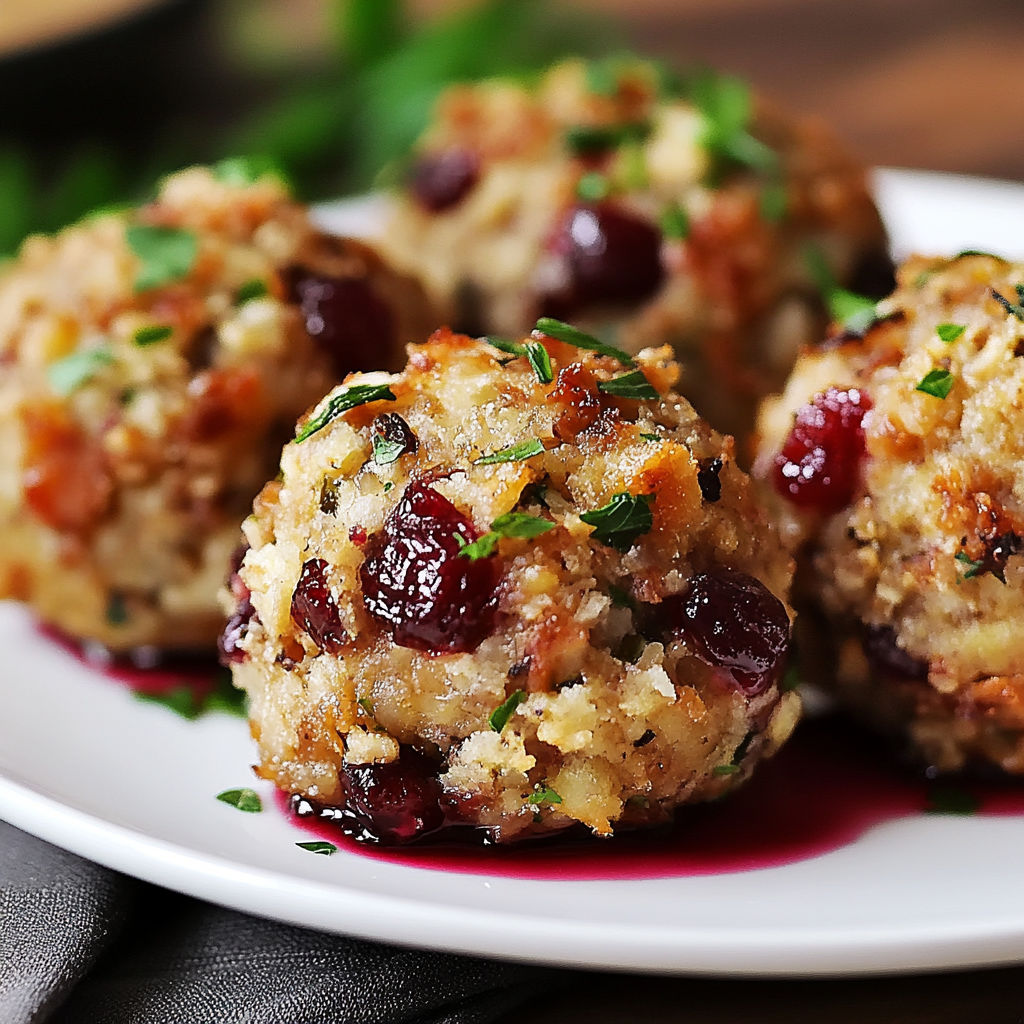 Cranberry and Turkey Stuffing Balls with Herbs and Cranberry Sauce