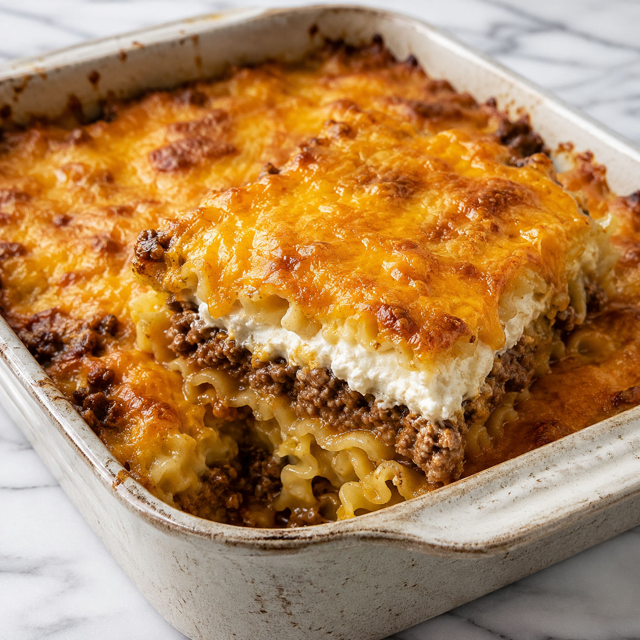 Crazy Good Casserole in a baking dish with golden cheddar crust and visible creamy beef layers