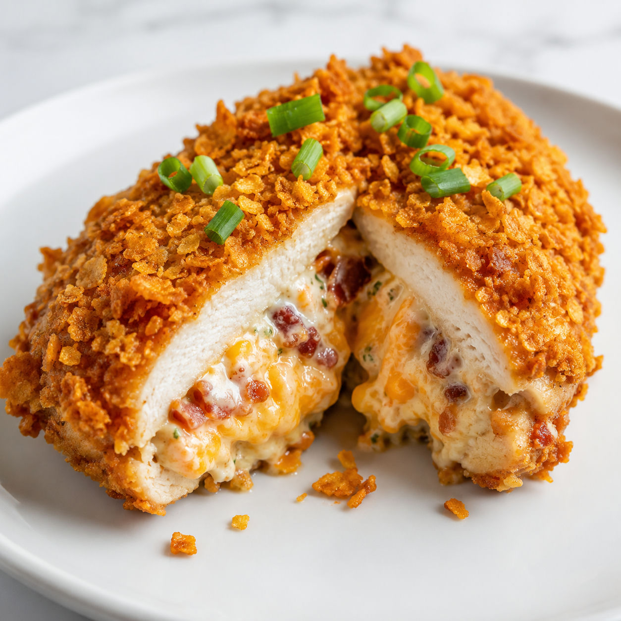 Doritos-crusted chicken stuffed with cream cheese and bacon on a plate