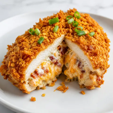 Doritos-crusted chicken stuffed with cream cheese and bacon on a plate