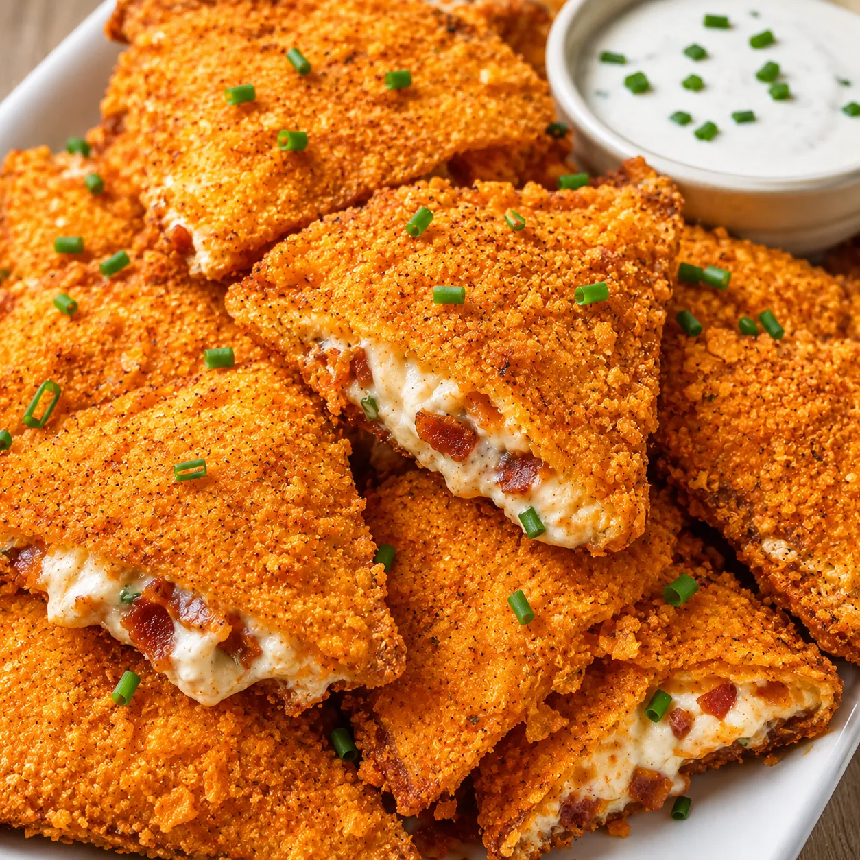 Cream cheese bacon stuffed Doritos with chives and ranch dip