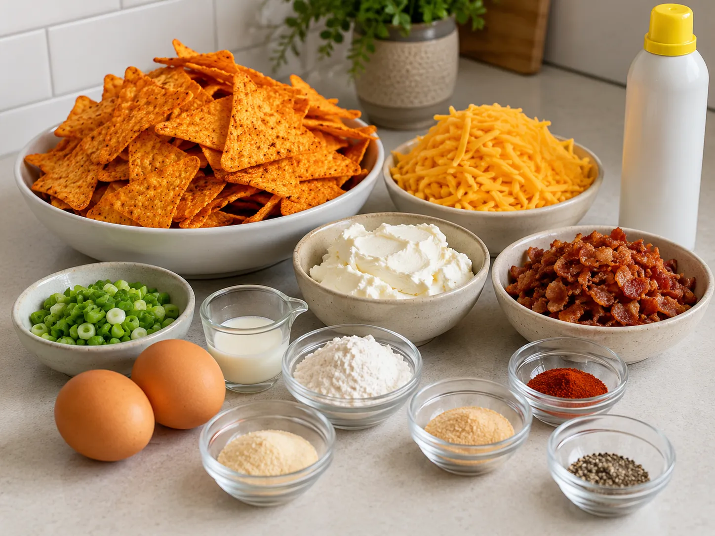 Doritos, cream cheese, bacon, cheddar, eggs, flour, and chives