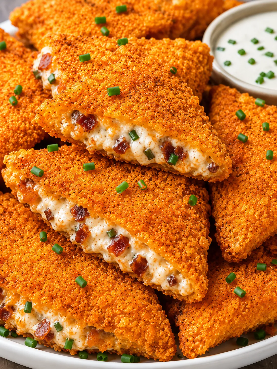 Crispy cream cheese bacon stuffed Doritos stacked with ranch dip