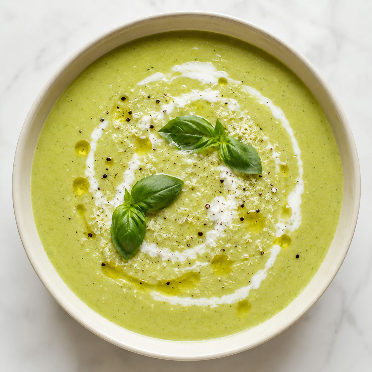 Creamy zucchini soup with basil, parmesan, and olive oil in a bowl