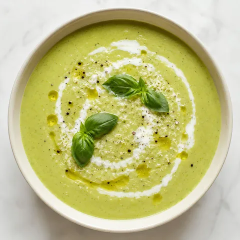 Creamy zucchini soup with basil, parmesan, and olive oil in a bowl