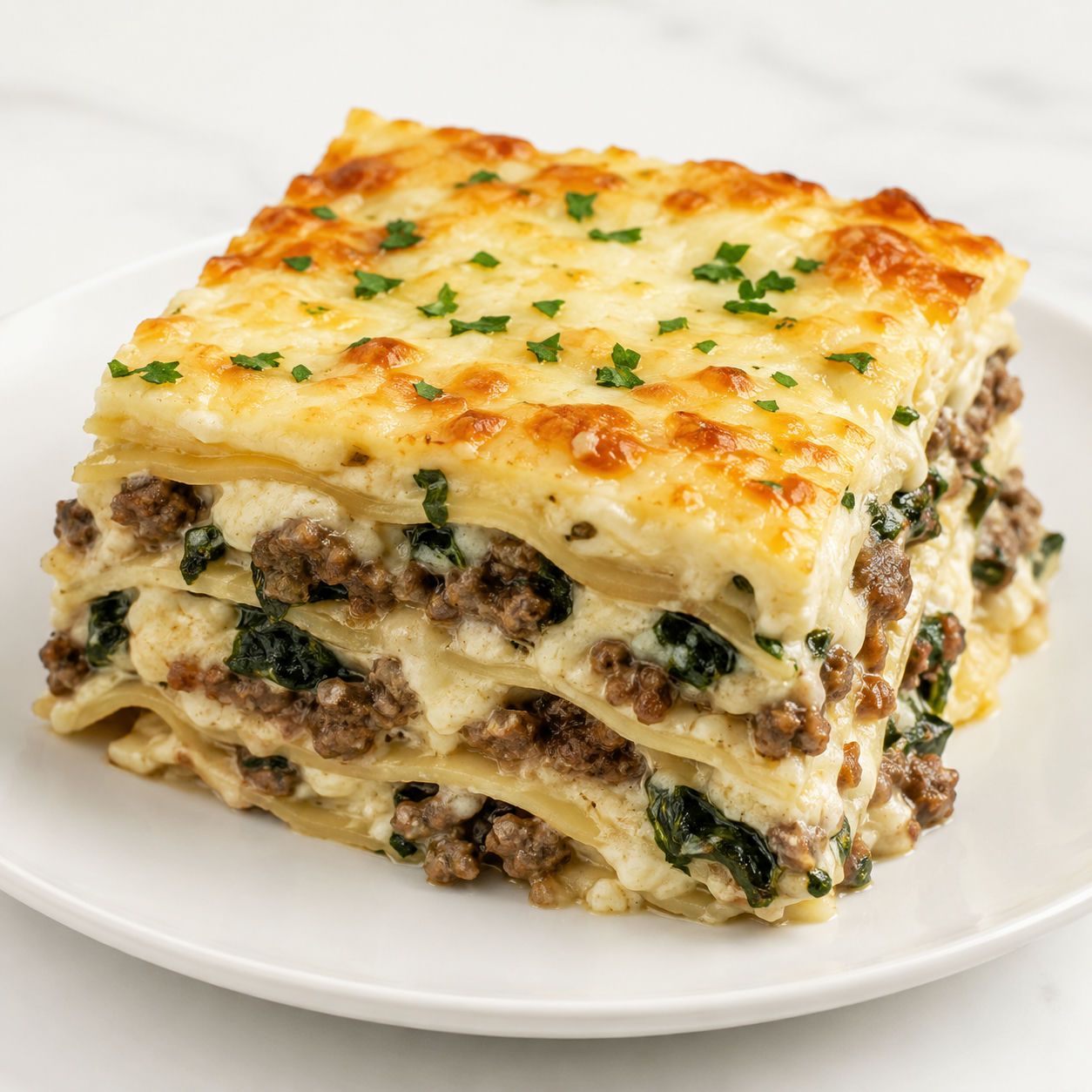 Creamy Alfredo beef lasagna slice with golden mozzarella and parsley