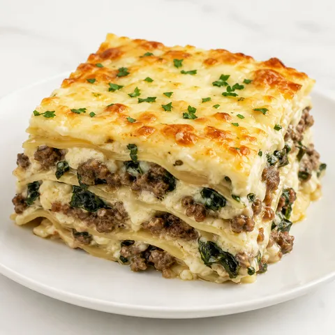 Creamy Alfredo beef lasagna slice with golden mozzarella and parsley