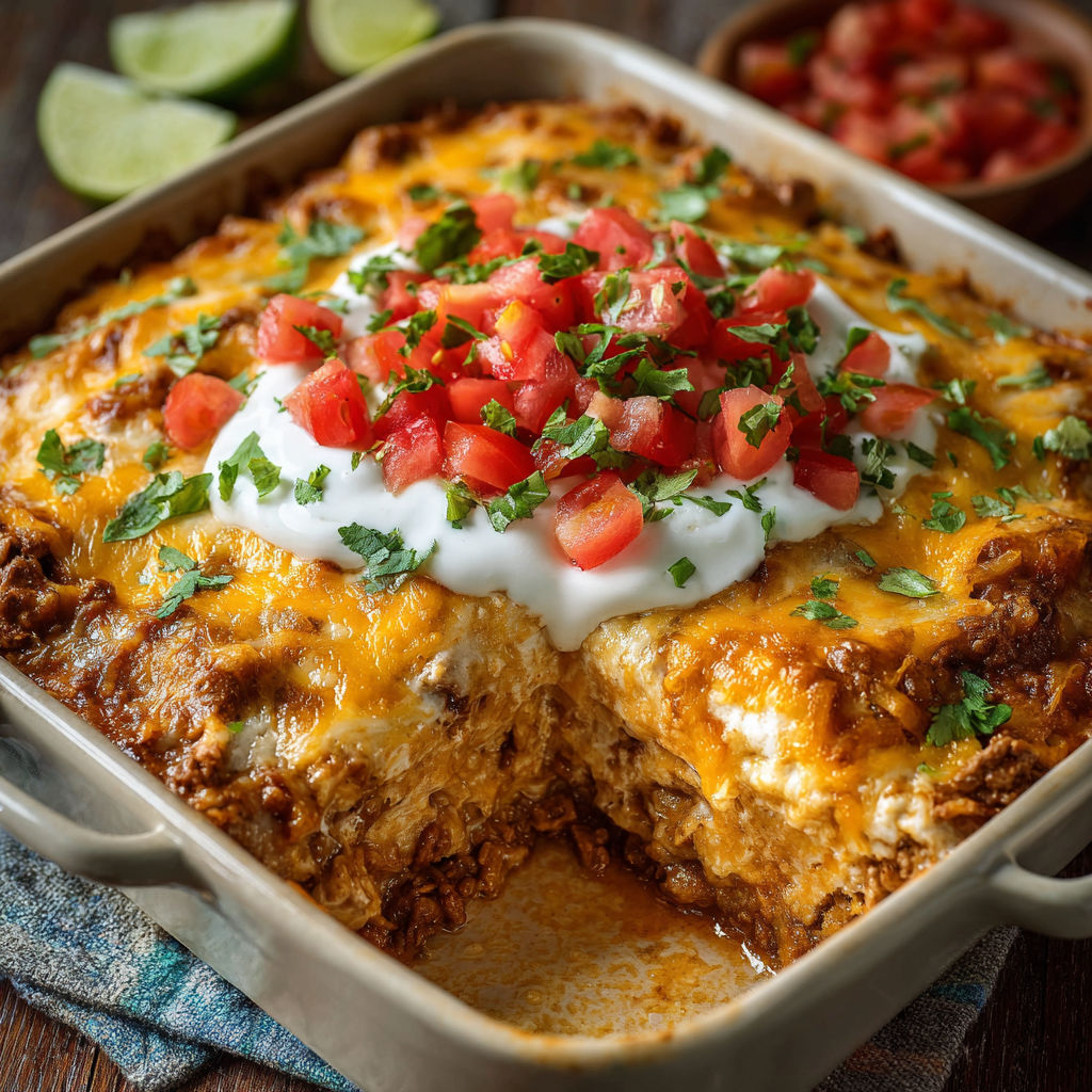 Delicious Creamy Burrito Casserole with Cheese and Tortilla Layers