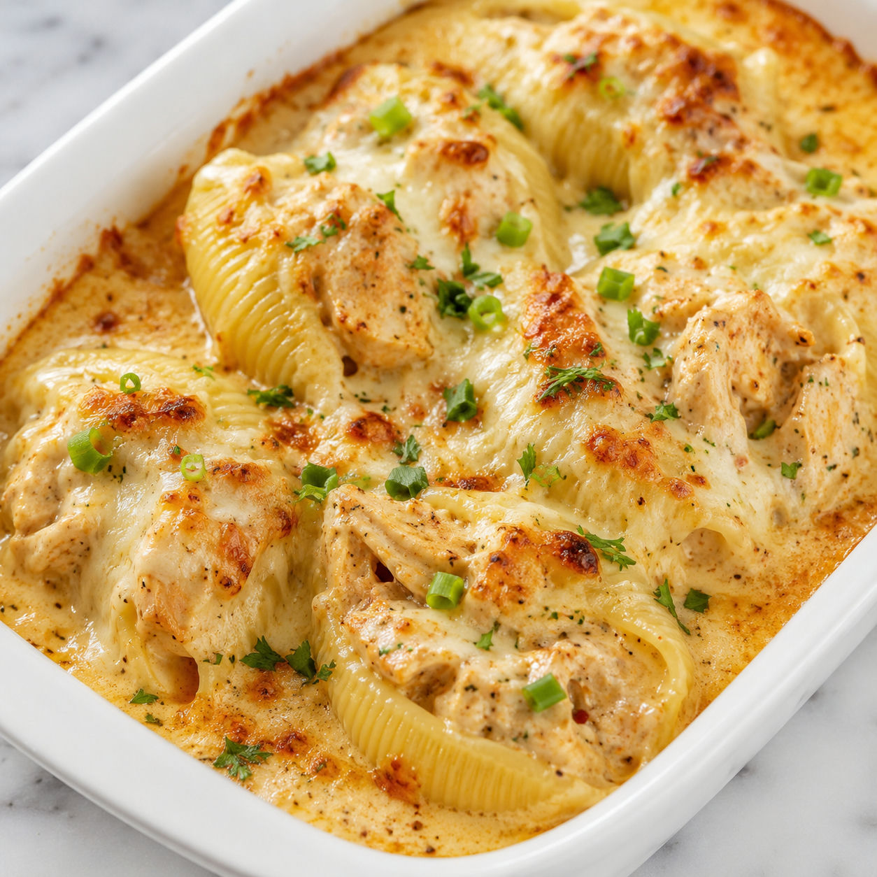 Creamy Cajun chicken stuffed shells with melted cheese and parsley