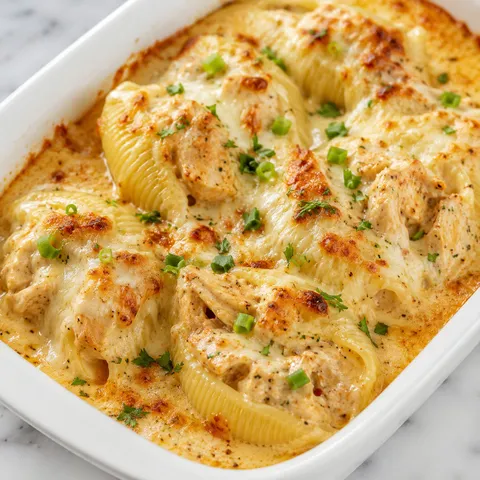Creamy Cajun chicken stuffed shells with melted cheese and parsley