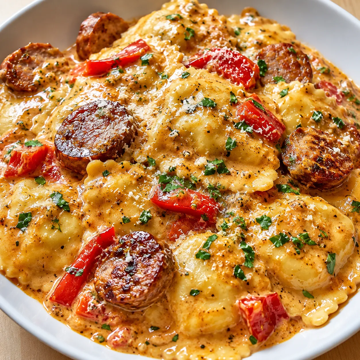 Creamy Cajun sausage ravioli with peppers and Parmesan in a shallow bowl