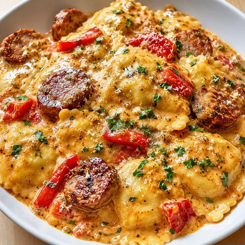 Creamy Cajun sausage ravioli with peppers and Parmesan in a shallow bowl