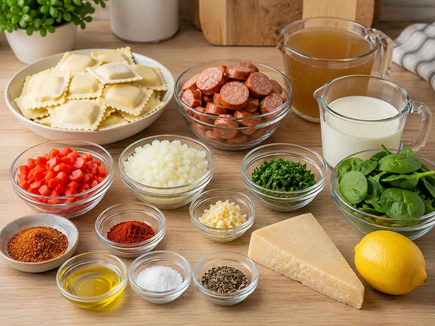 Ingredients for Creamy Cajun sausage ravioli arranged on a wood surface