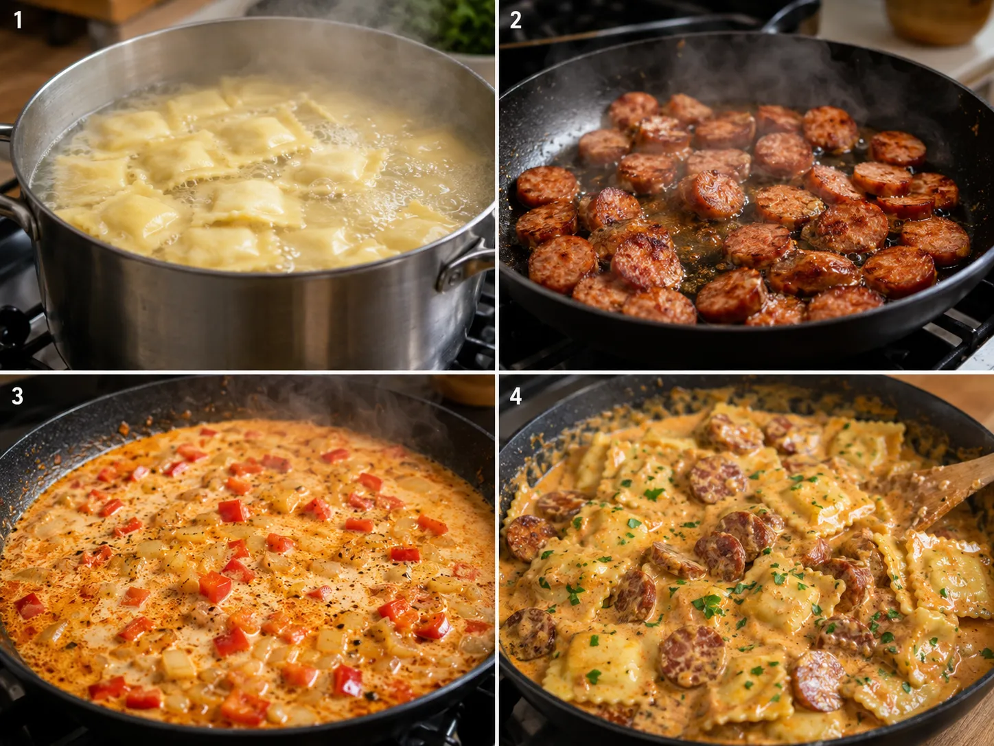 Four cooking steps for Cajun sausage ravioli from boiling to saucing