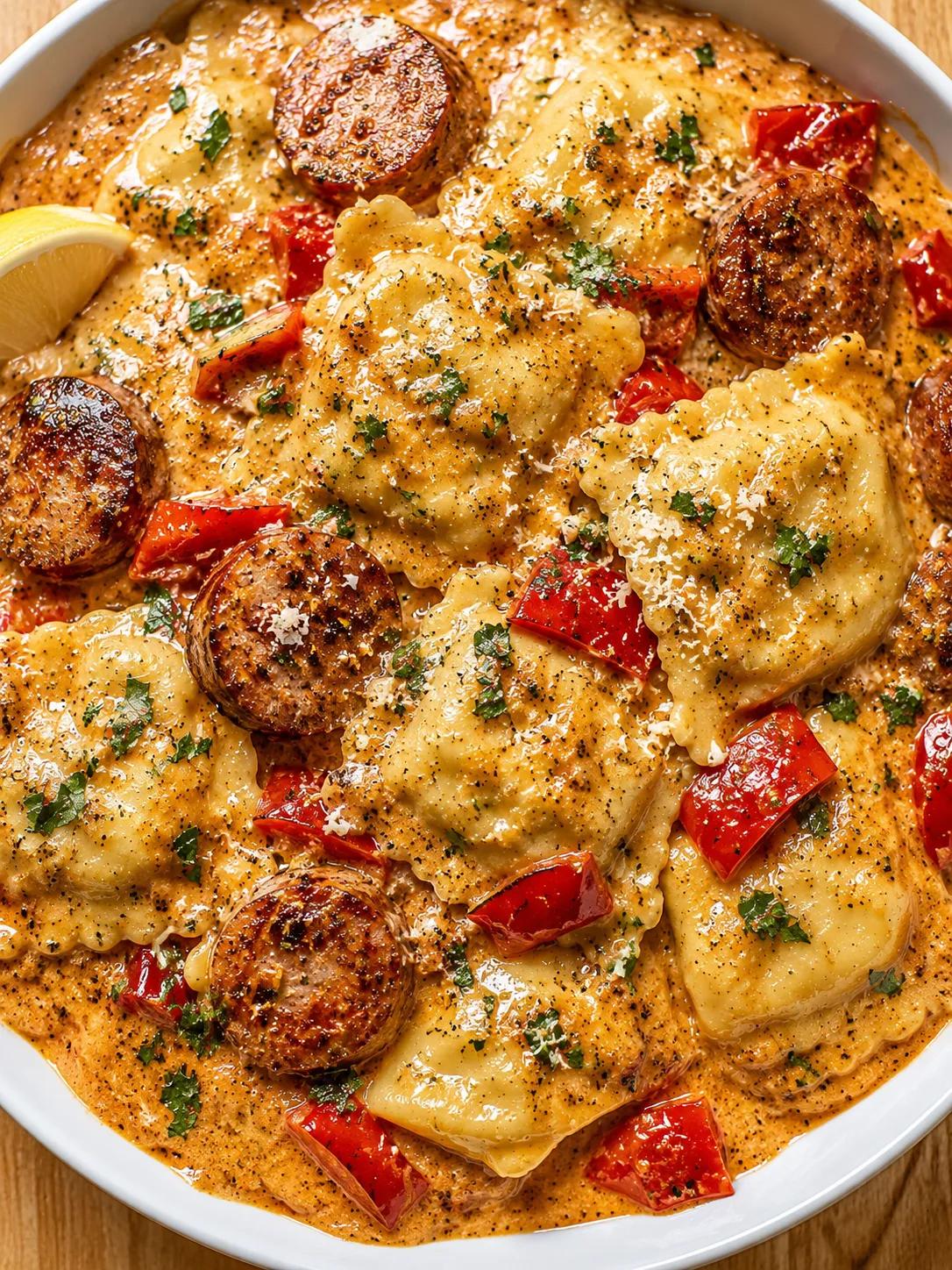Creamy Cajun sausage ravioli with browned sausage, peppers, and parsley