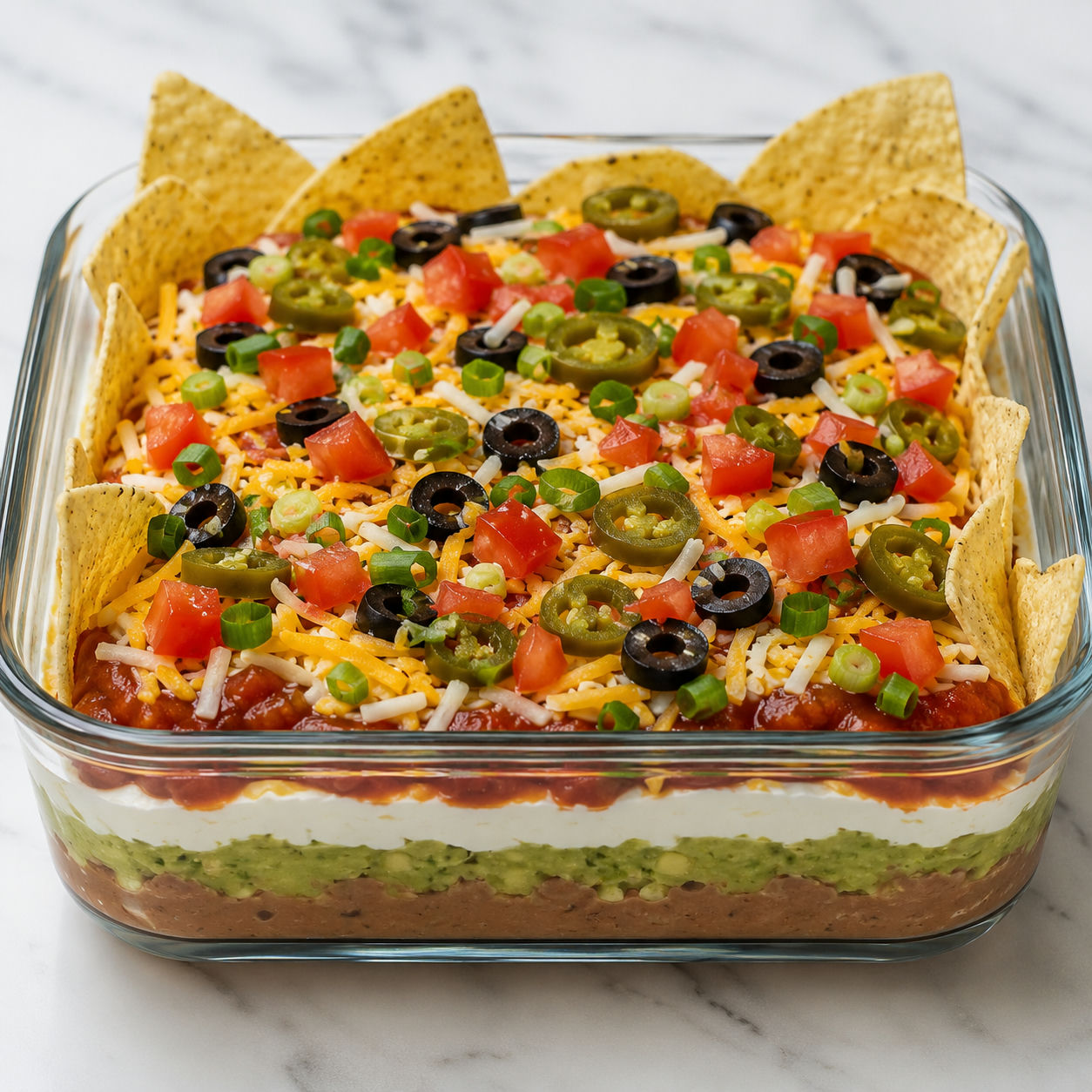 Creamy cheesy 7-Layer Dip with tortilla chips and fresh toppings