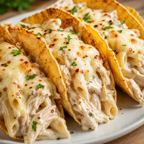Creamy chicken Alfredo tacos with melted cheese and parsley