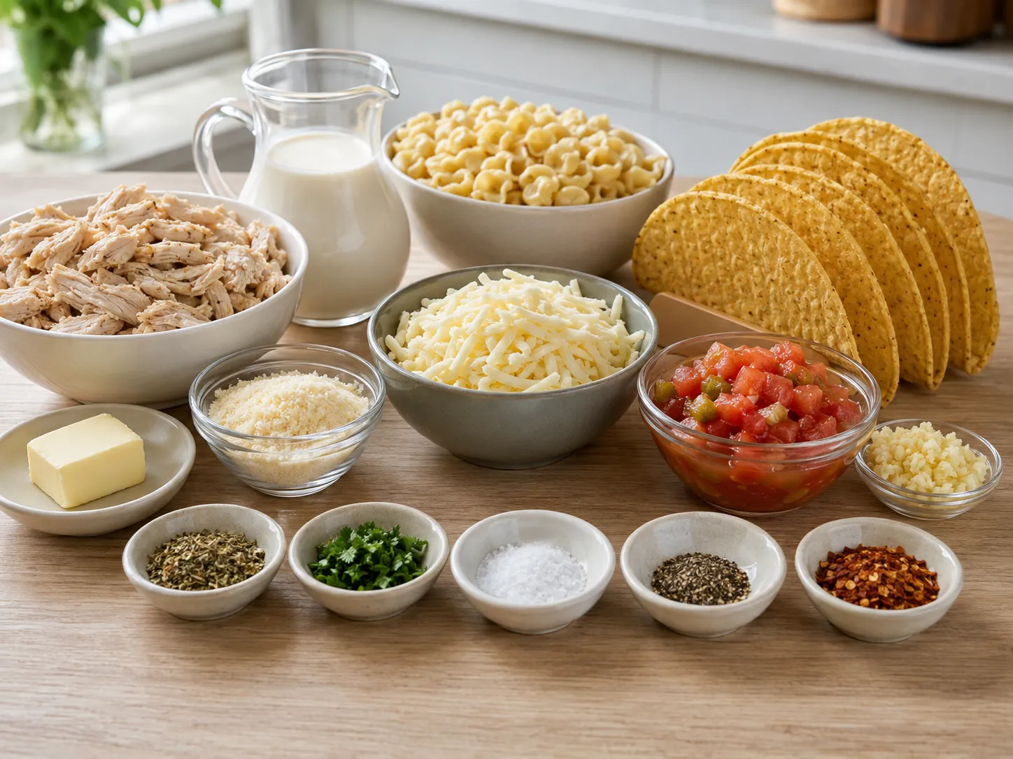 Ingredients for creamy chicken Alfredo tacos on a wood surface