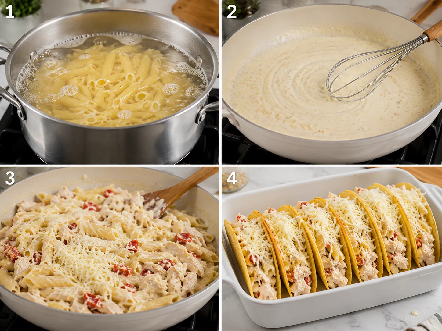 Four cooking steps for creamy chicken Alfredo tacos
