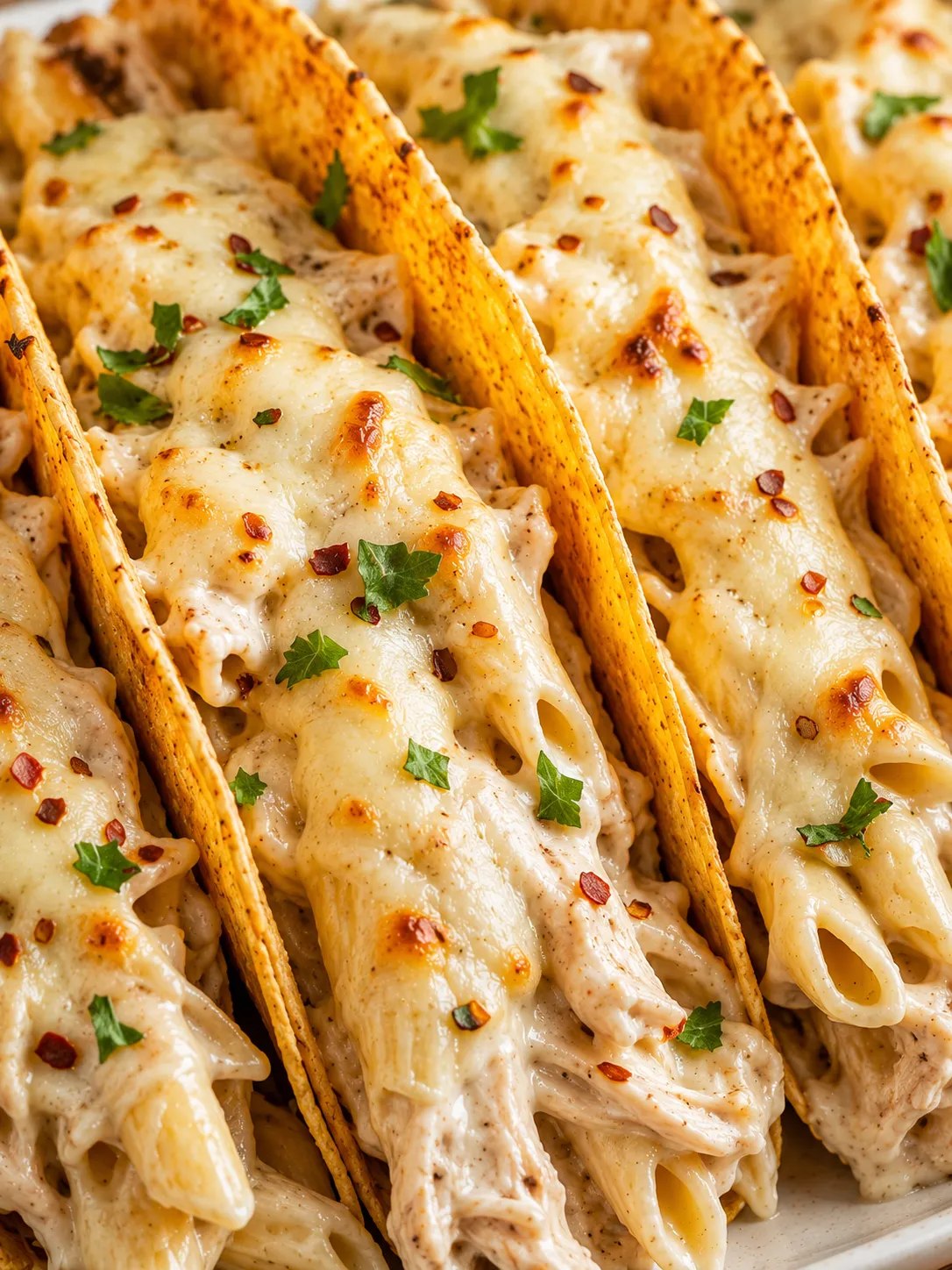 Creamy chicken Alfredo tacos filling the frame with melted cheese