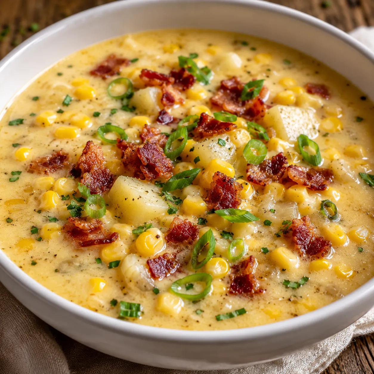 Creamy corn chowder with bacon, scallions, and parsley in a white bowl