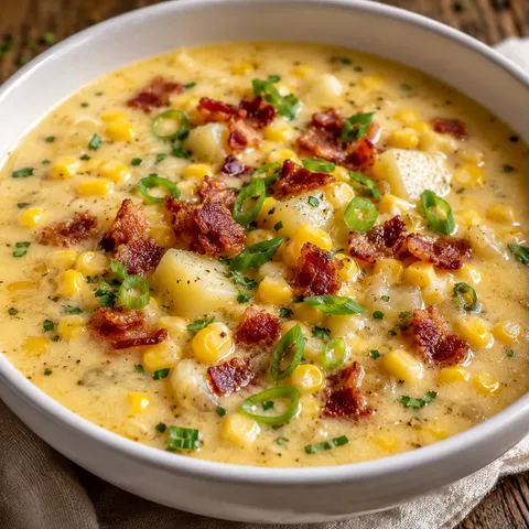 Creamy corn chowder with bacon, scallions, and parsley in a white bowl