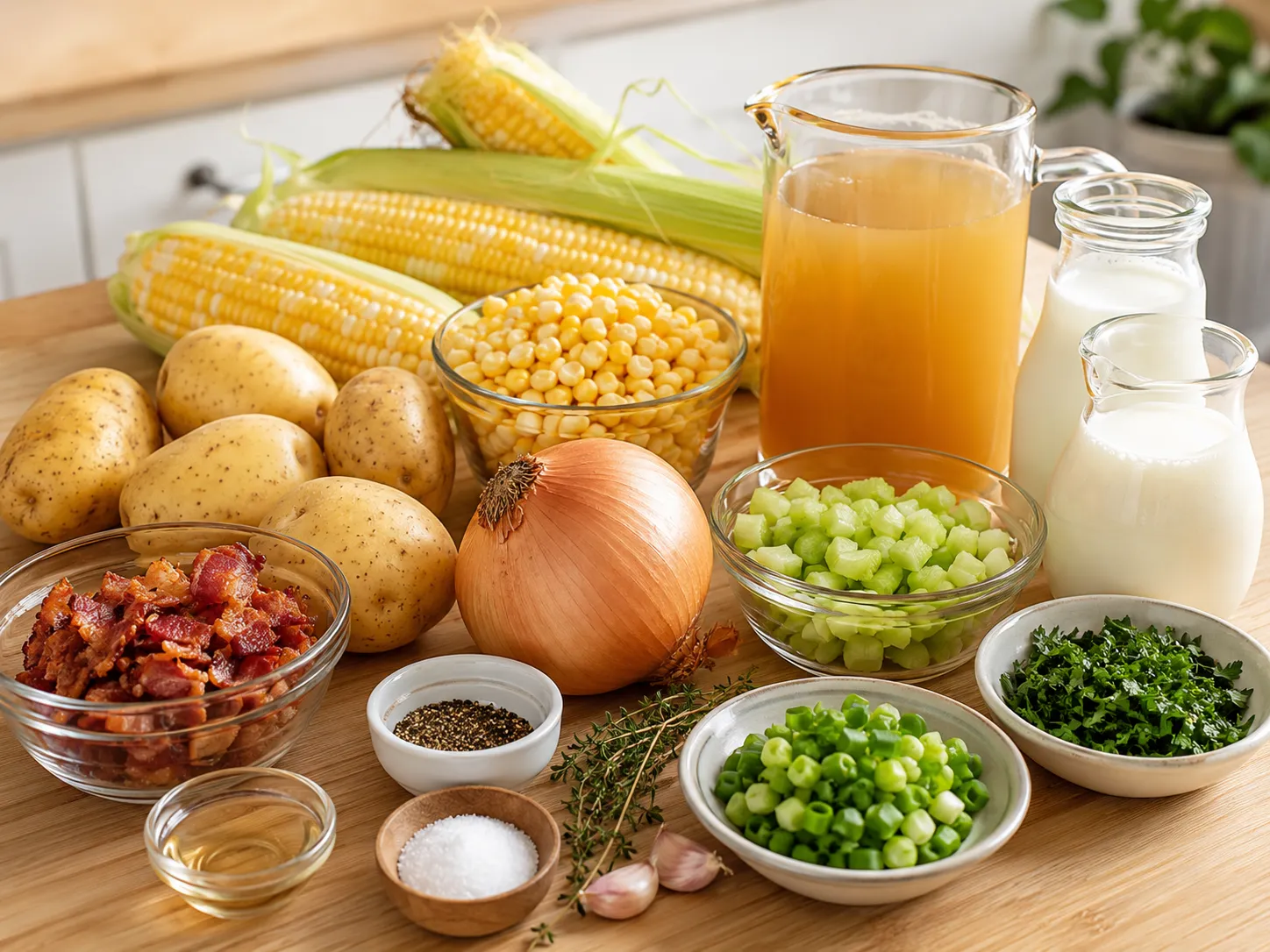 Ingredients for creamy corn chowder with bacon arranged on a wooden surface