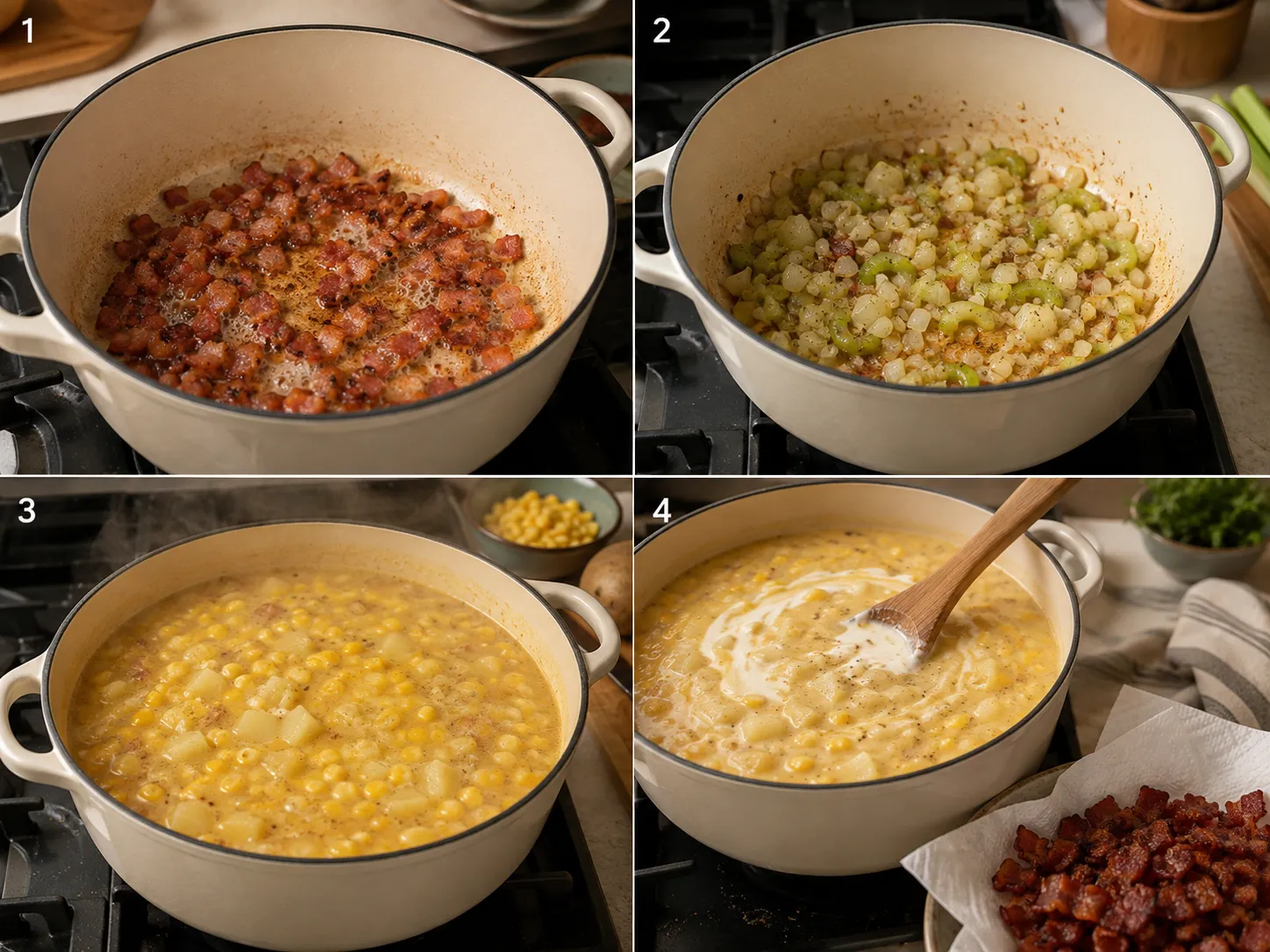 Four cooking steps for creamy corn chowder with bacon in a Dutch oven