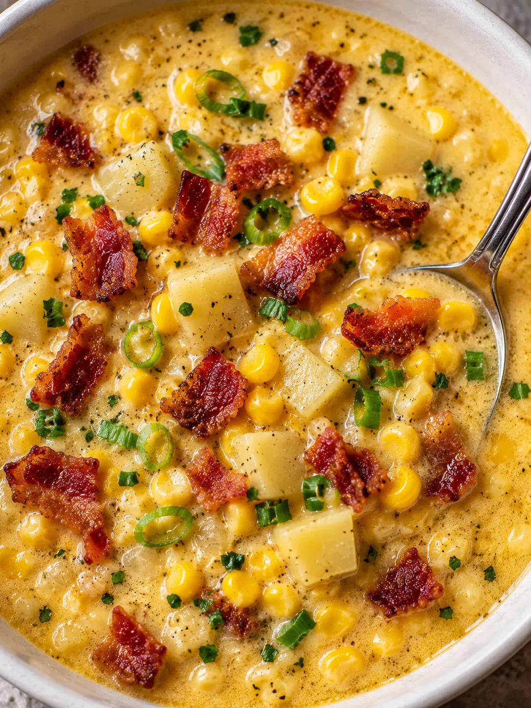 Bowl of creamy corn chowder with bacon, scallions, and parsley