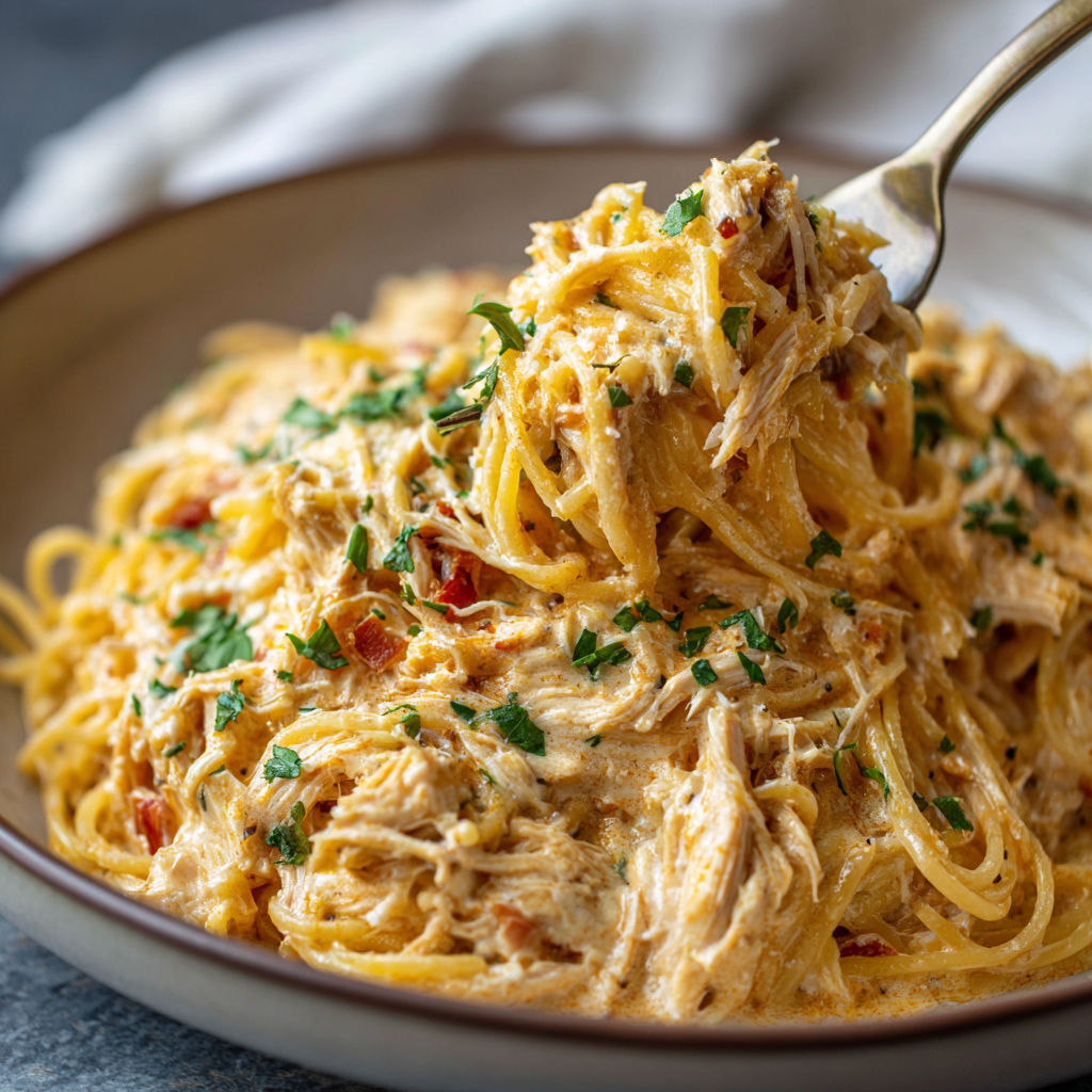 Creamy Crockpot Chicken Spaghetti with Cheese and Pasta