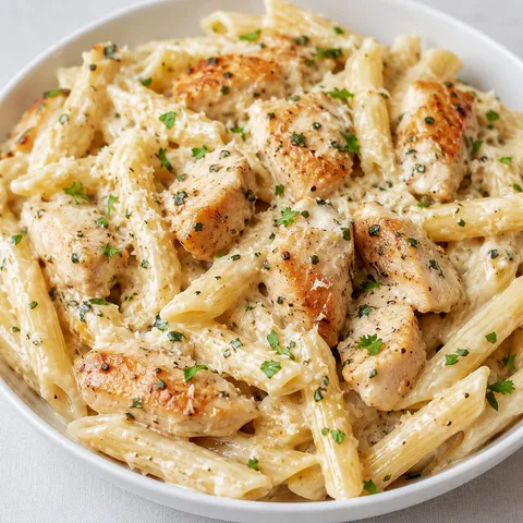 Creamy garlic herb chicken pasta with parmesan and fresh herbs