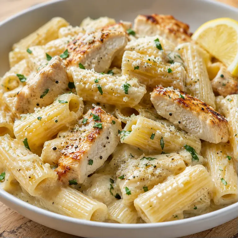 Creamy garlic Parmesan chicken rigatoni with parsley in a white bowl