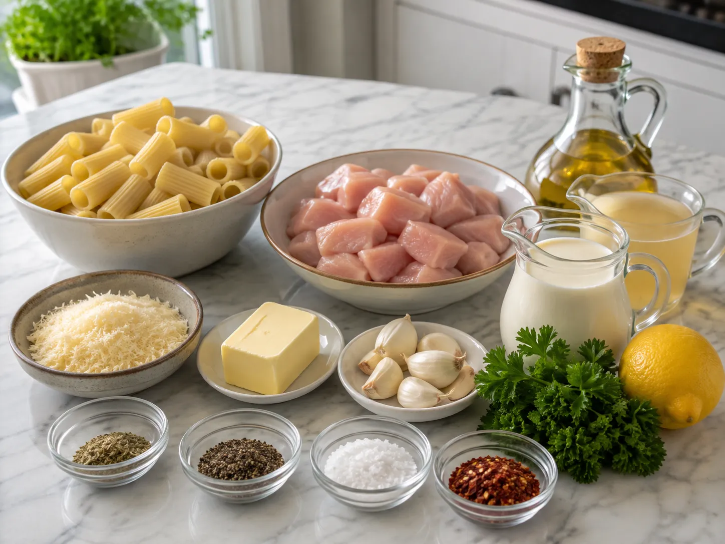 Ingredients for creamy garlic Parmesan chicken rigatoni on a marble counter