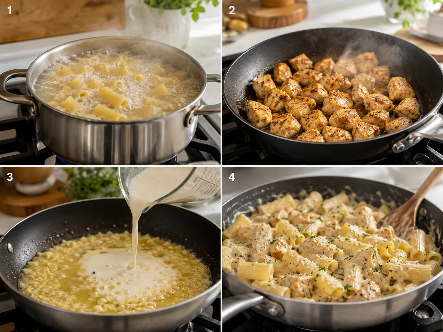 Four cooking steps for creamy chicken rigatoni with garlic Parmesan sauce