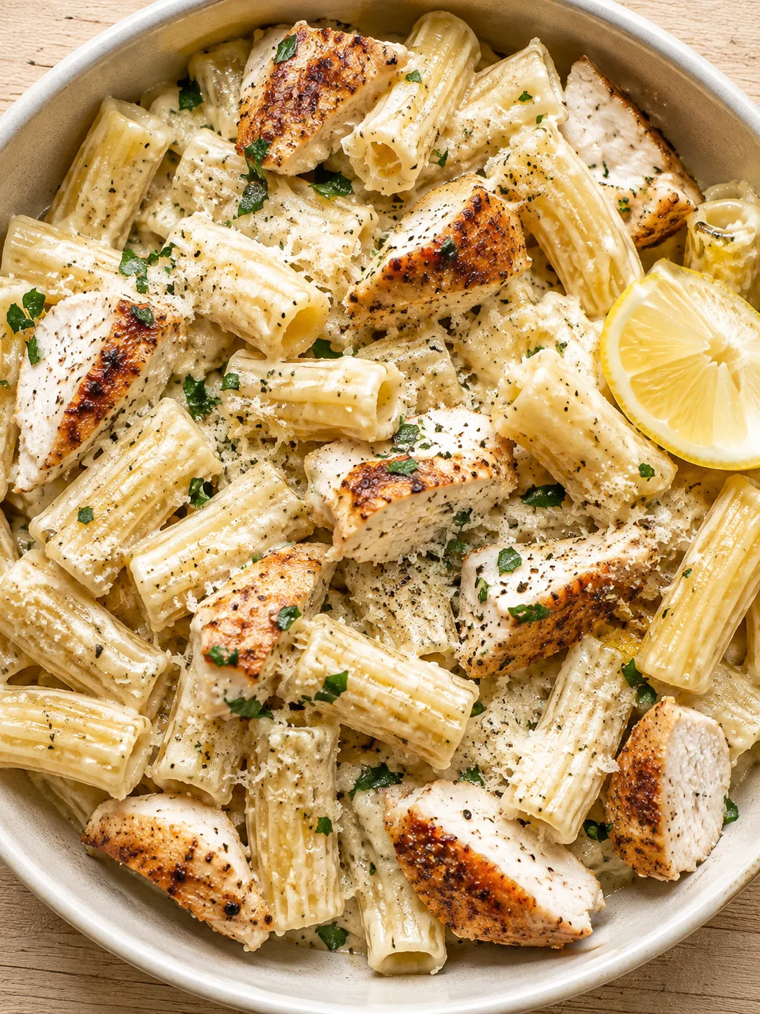 Creamy garlic Parmesan chicken rigatoni with chicken, parsley, and Parmesan