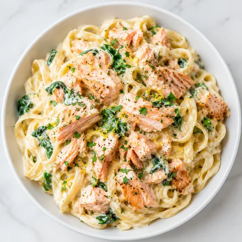 Creamy garlic salmon pasta with spinach, parsley, and lemon in a white bowl