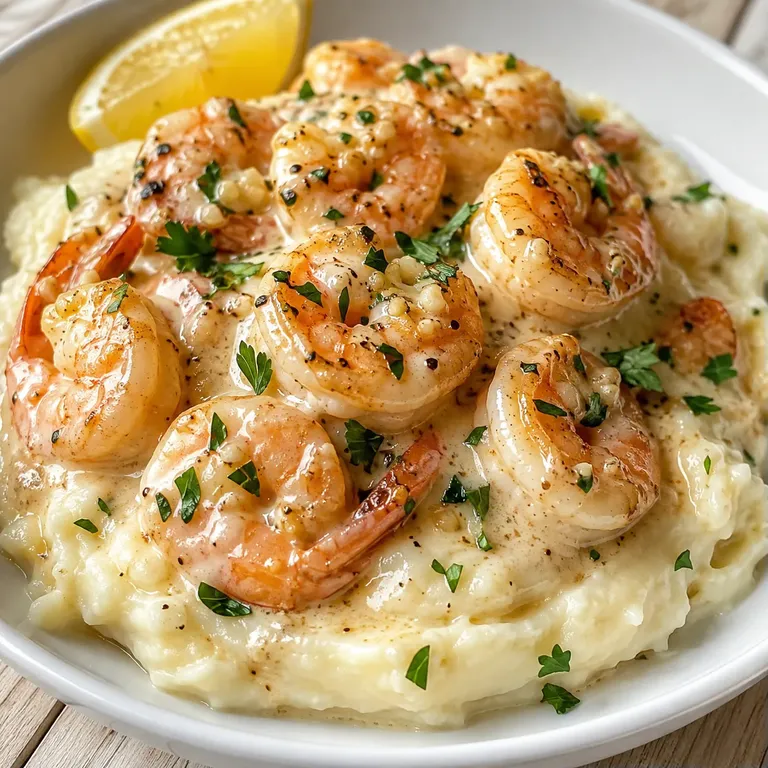 Creamy garlic shrimp over mashed potatoes with parsley and lemon
