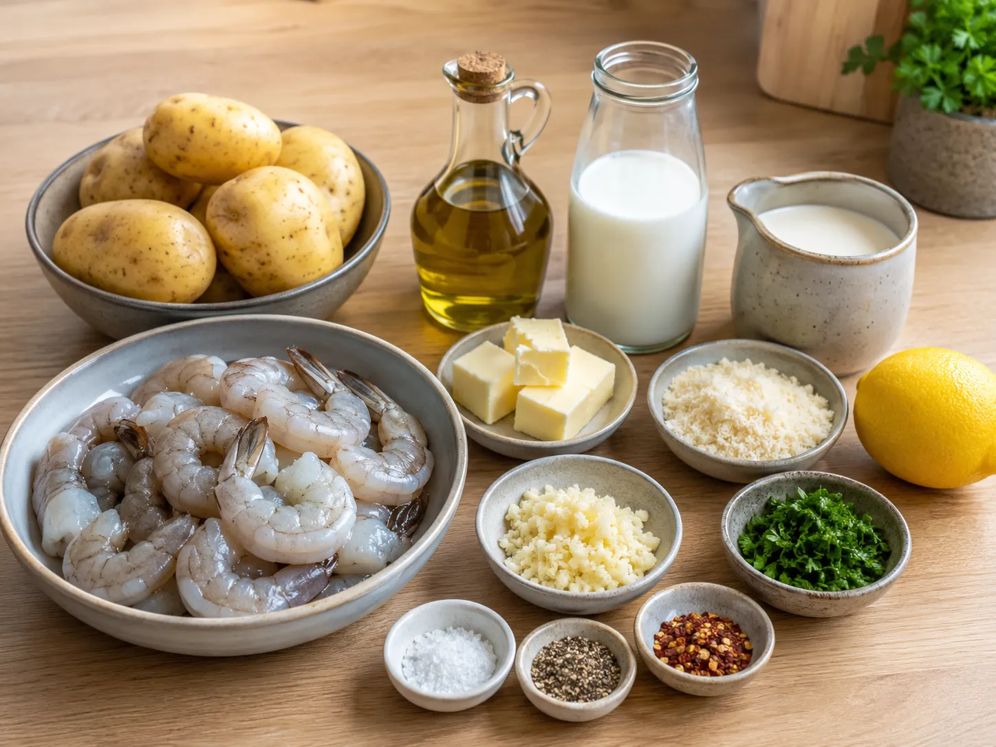 Ingredients for creamy garlic shrimp with mashed potatoes on a wood surface