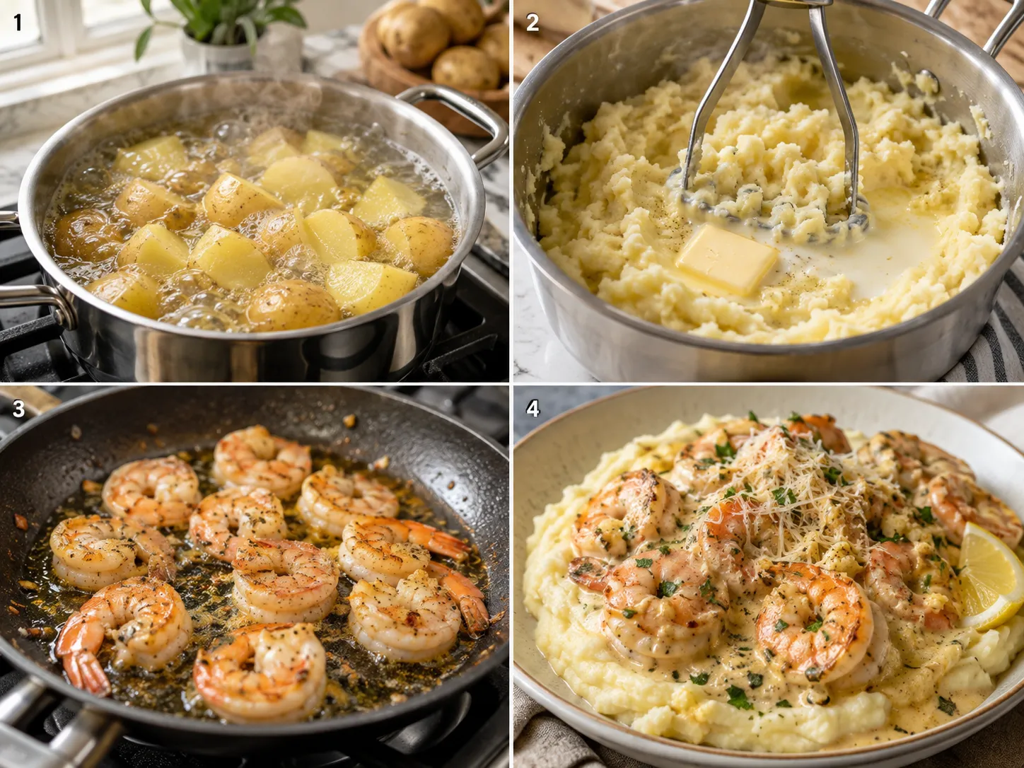 Four cooking steps for creamy garlic shrimp and mashed potatoes
