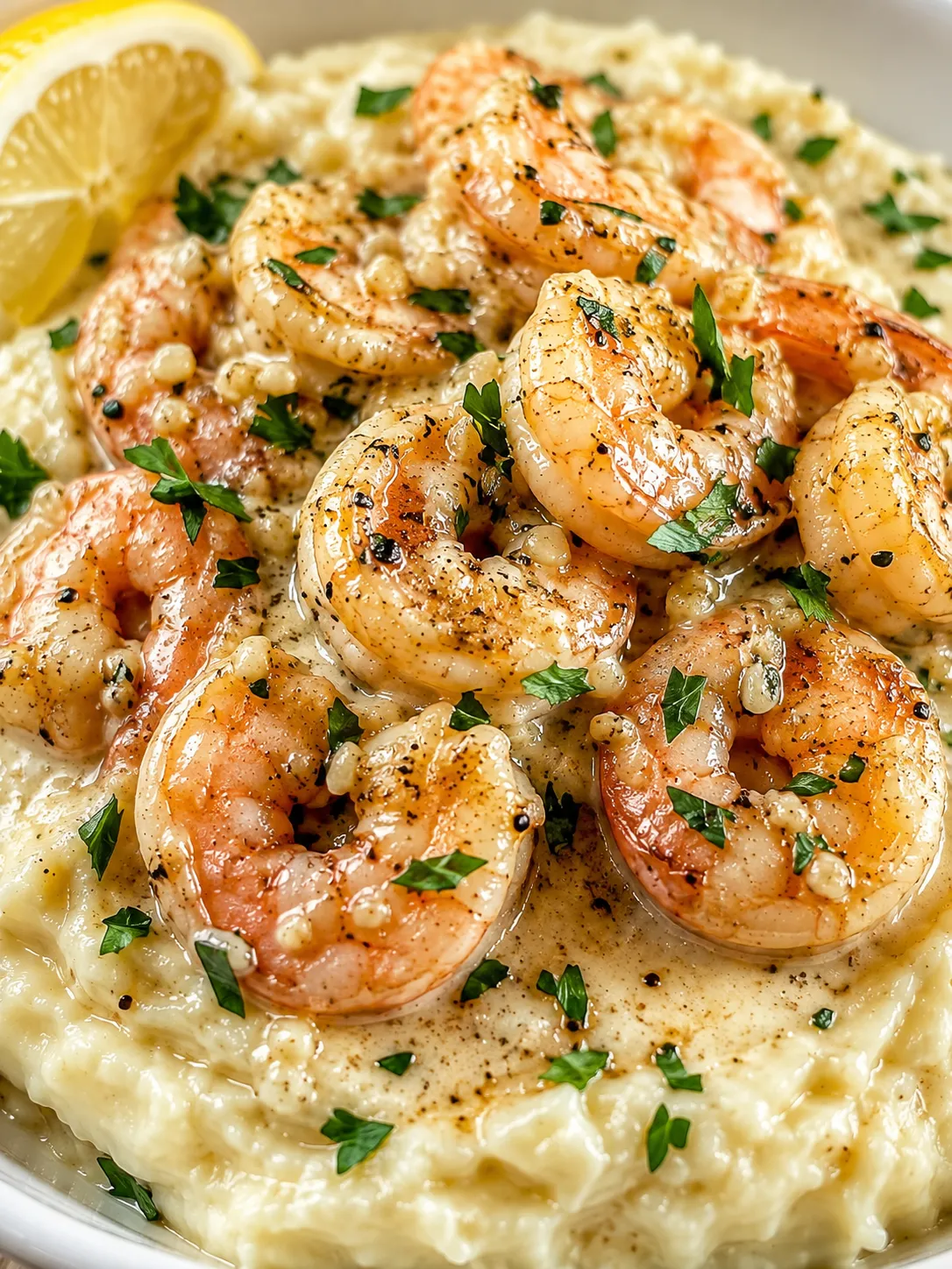 Creamy garlic shrimp piled over fluffy mashed potatoes with parsley