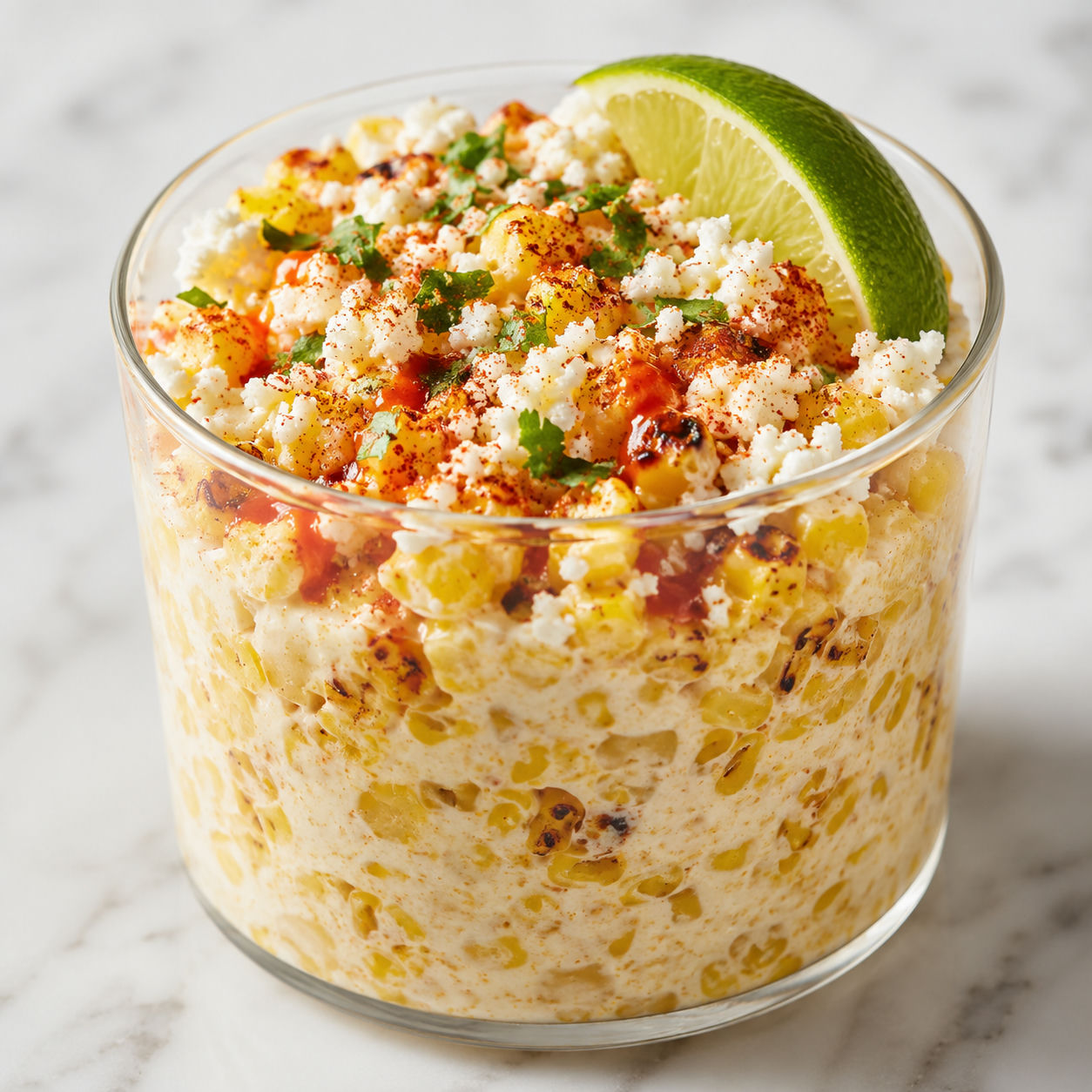 Creamy Mexican street corn cup with Cotija, cilantro, chile, and lime