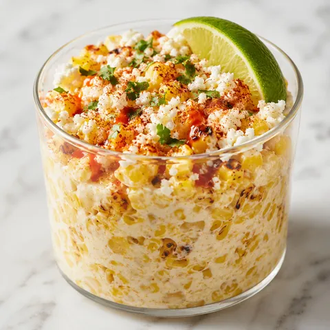 Creamy Mexican street corn cup with Cotija, cilantro, chile, and lime