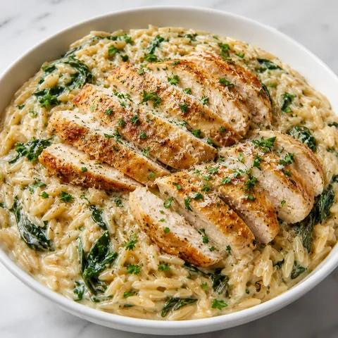 Creamy Parmesan chicken and orzo with spinach and parsley