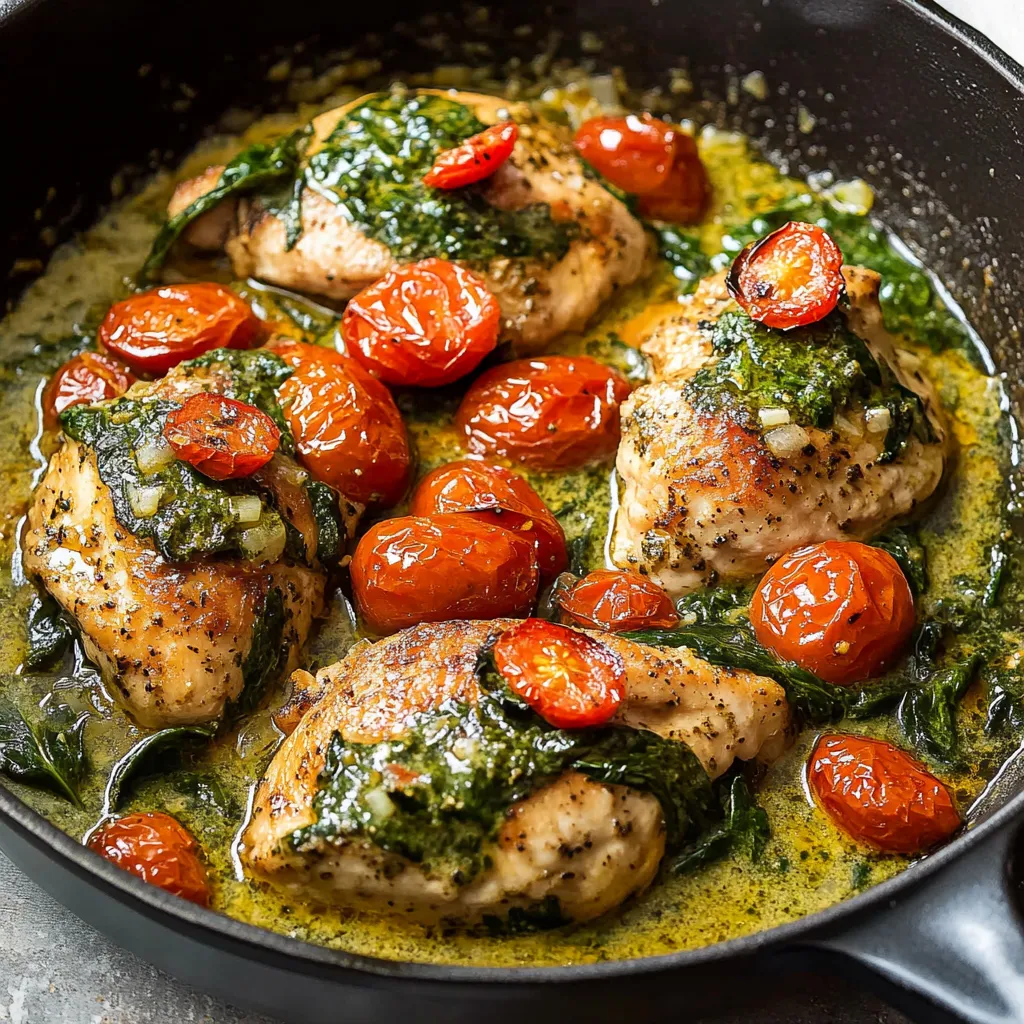 Quick Creamy Pesto Chicken with Spinach and Tomatoes