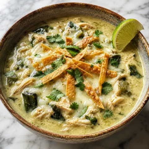 Creamy poblano chicken rellenos soup with melted cheese, cilantro, lime, and tortilla strips in a ceramic bowl