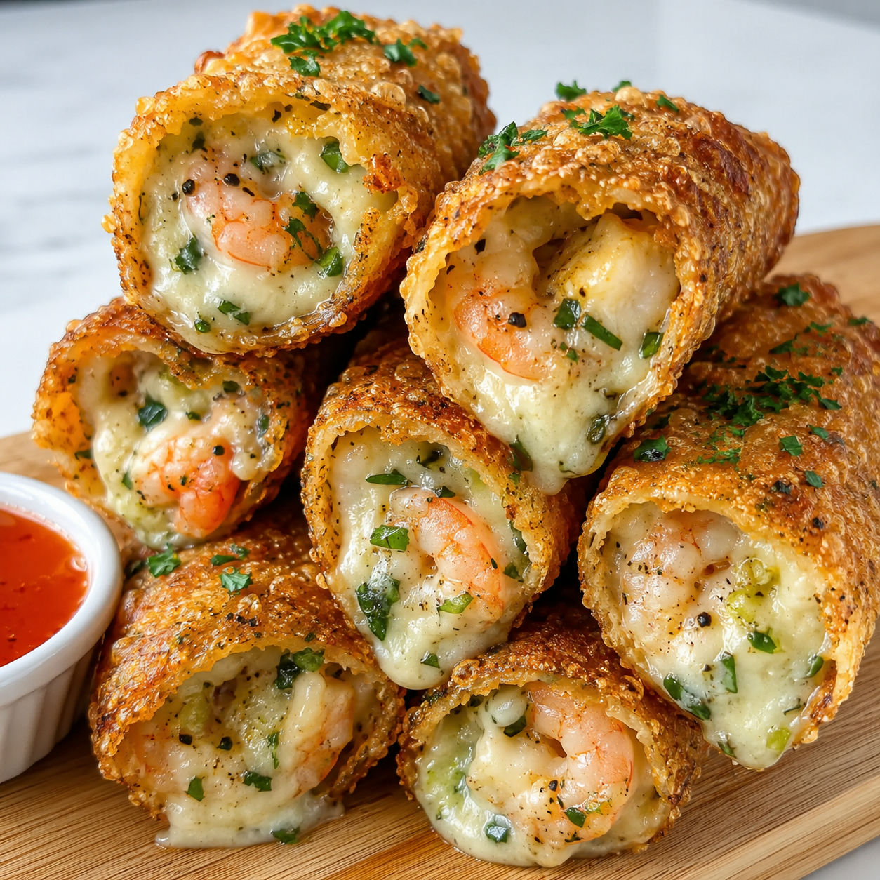 Creamy shrimp cheese rolls with melted cheese and sweet chili sauce