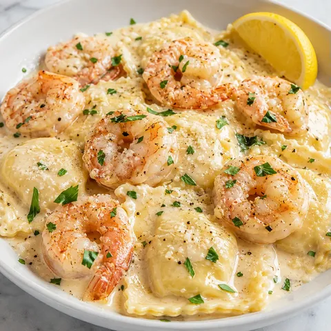 Creamy shrimp Parmesan ravioli with parsley in a shallow white bowl