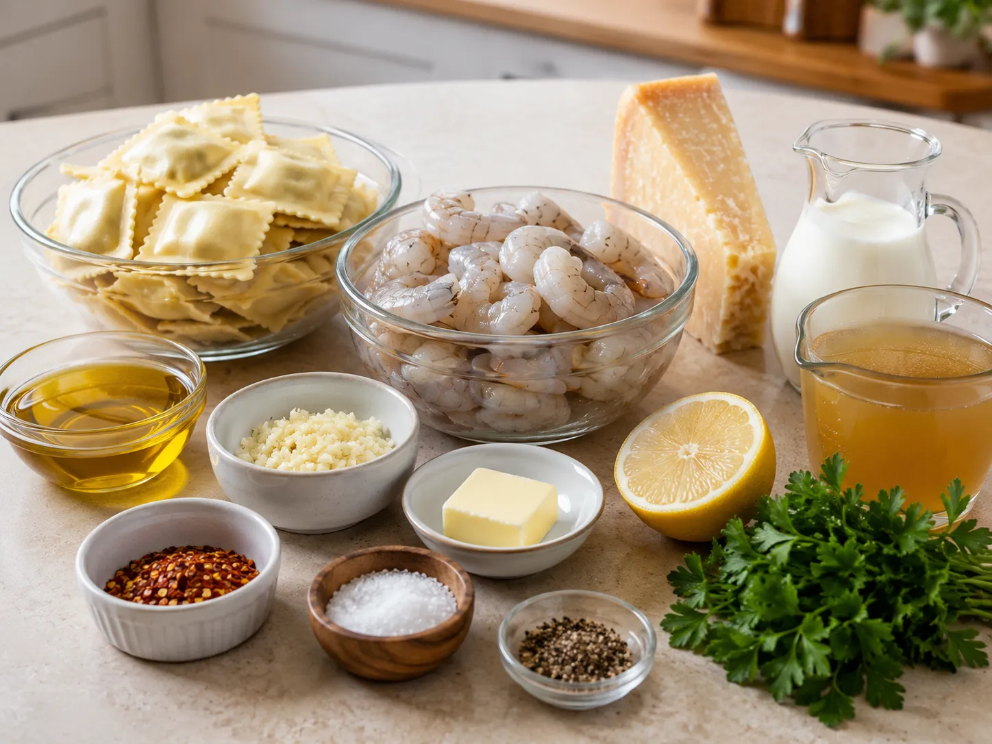 Ingredients for creamy shrimp Parmesan ravioli arranged on a pale counter