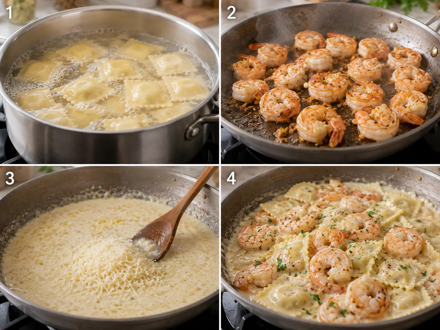Four cooking steps for creamy shrimp Parmesan ravioli in a kitchen